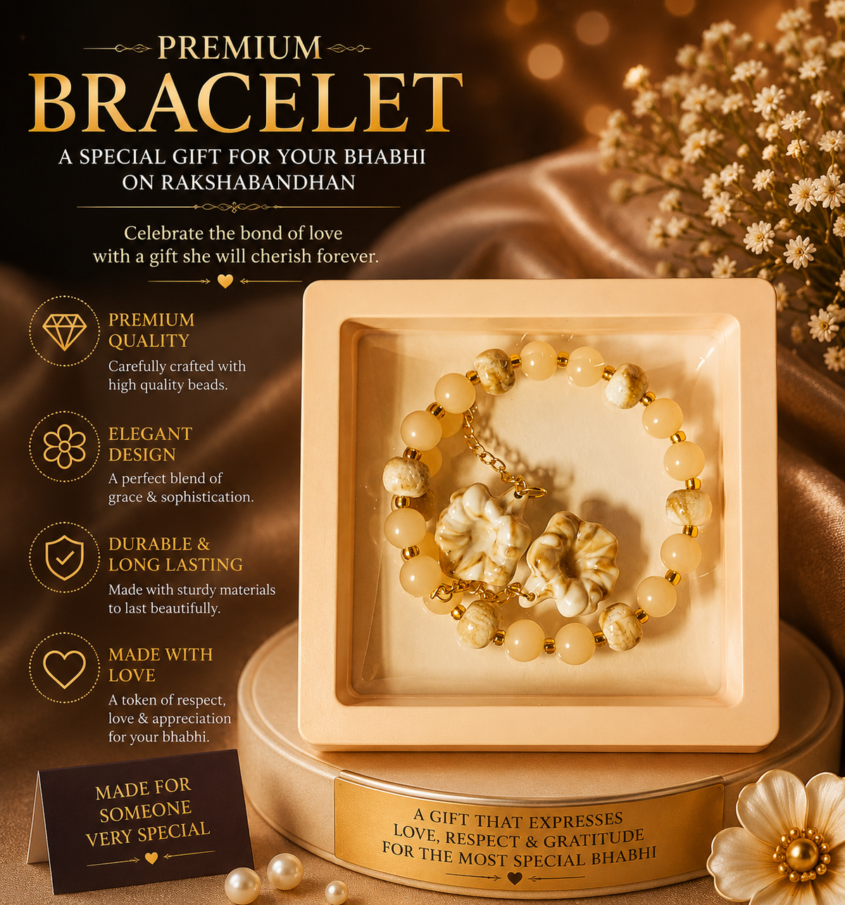 Premium Designer Bracelet for Bhabhi – Rakshabandhan Gift | Elegant Beaded Bracelet with Floral Charms