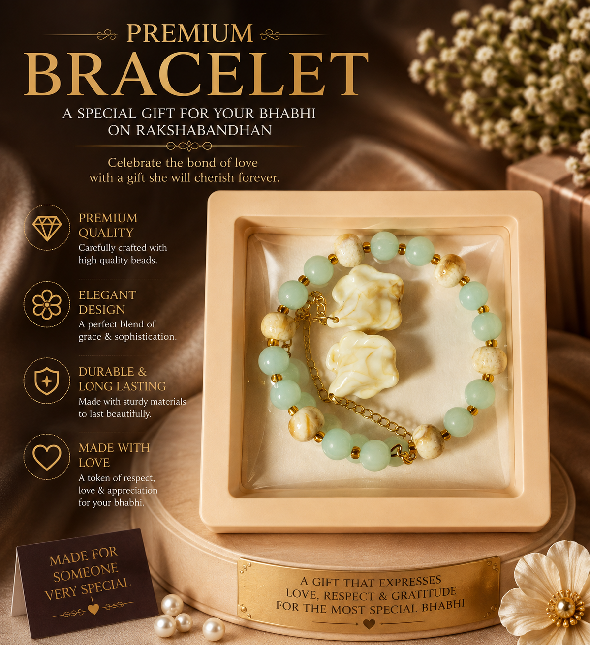 Premium Designer Bracelet for Bhabhi – Rakshabandhan Gift | Elegant Beaded Bracelet with Floral Charms