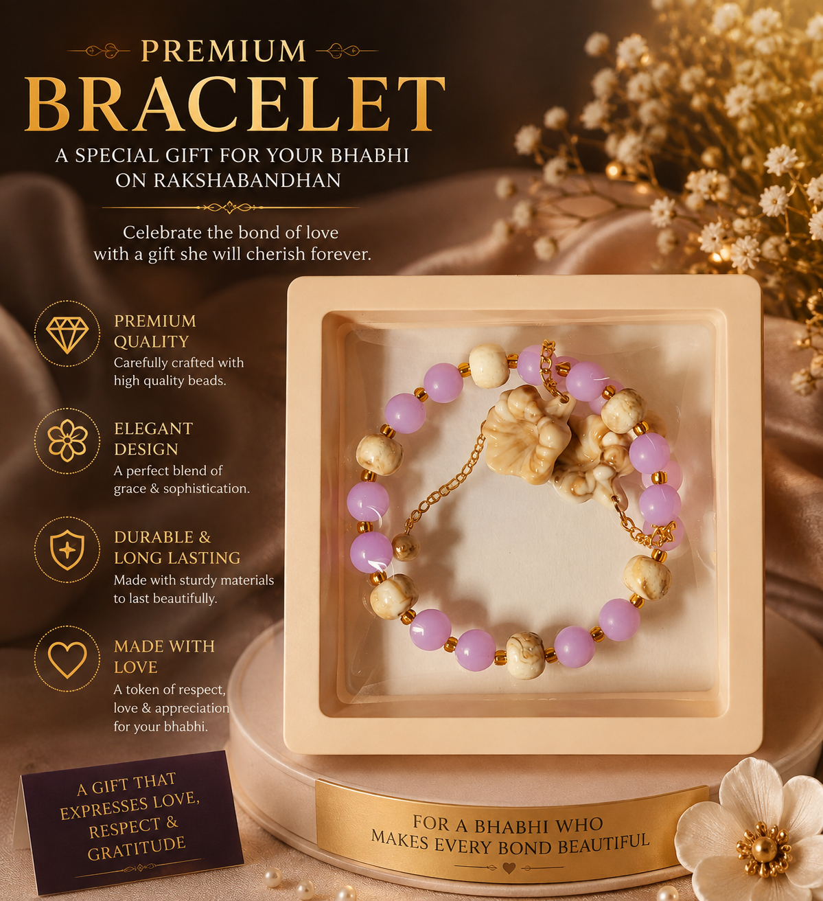 Premium Designer Bracelet for Bhabhi – Rakshabandhan Gift | Elegant Beaded Bracelet with Floral Charms