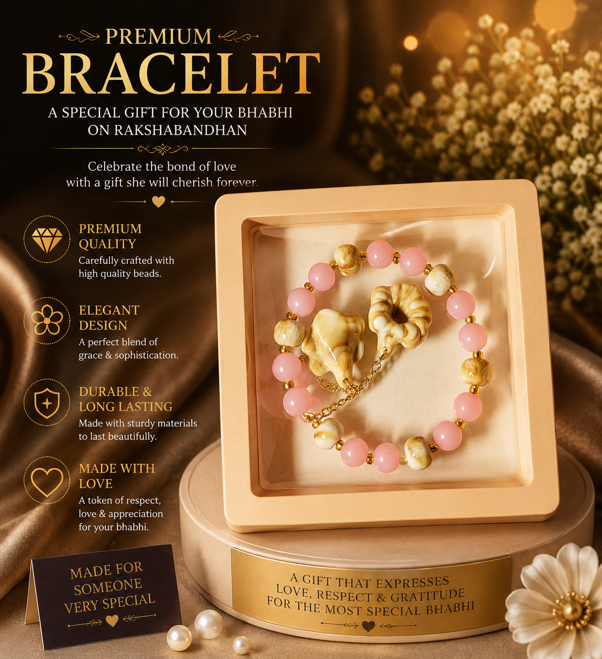 Premium Designer Bracelet for Bhabhi – Rakshabandhan Gift | Elegant Beaded Bracelet with Floral Charms