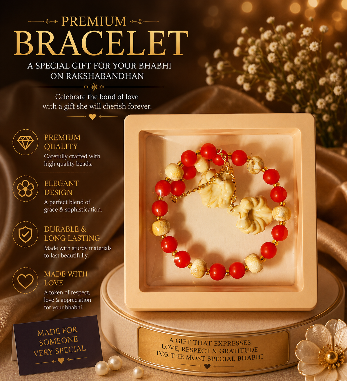 Premium Designer Bracelet for Bhabhi – Rakshabandhan Gift | Elegant Beaded Bracelet with Floral Charms