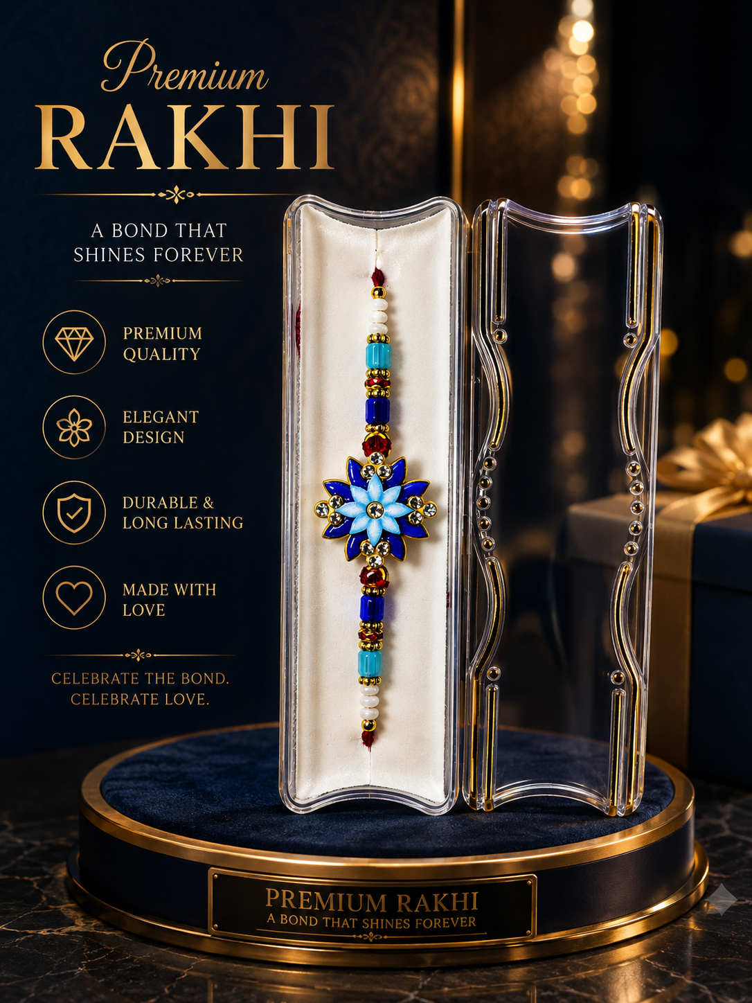 Royal Blue Floral Designer Rakhi – Elegant Handmade Raksha Bandhan Rakhi with Multicolor Beads