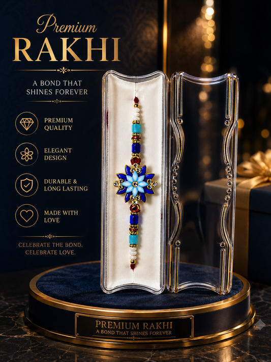 Royal Blue Floral Designer Rakhi – Elegant Handmade Raksha Bandhan Rakhi with Multicolor Beads